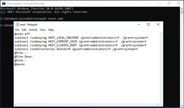 하위 lnacl 도구를 사용하여 사용 권한 재설정